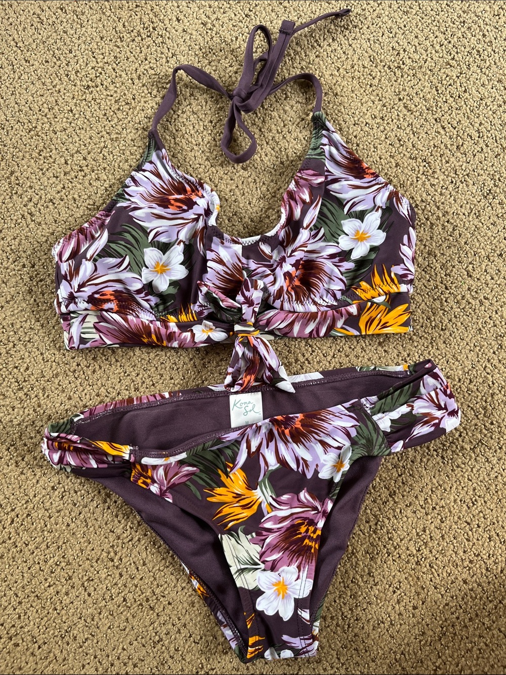 Kona Sol Purple Floral Tie-Front Bikini Set